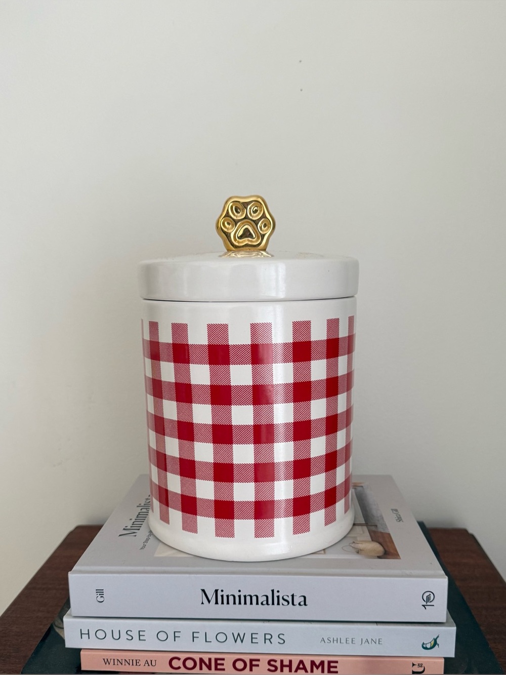 Red Gingham Ceramic Canister with Gold Paw Knob